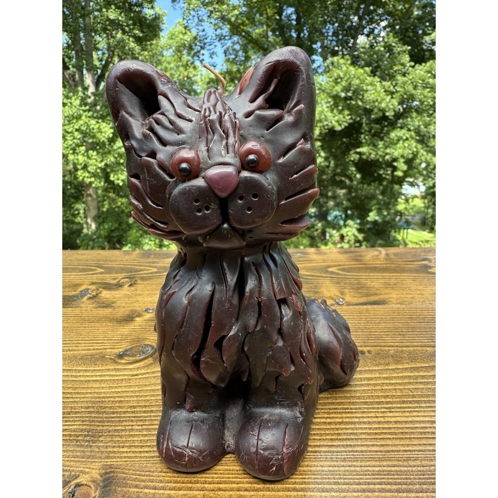 Brown Cat Candle‎ Sculpture Folk Art Kitty Figure Wax Decor 6"